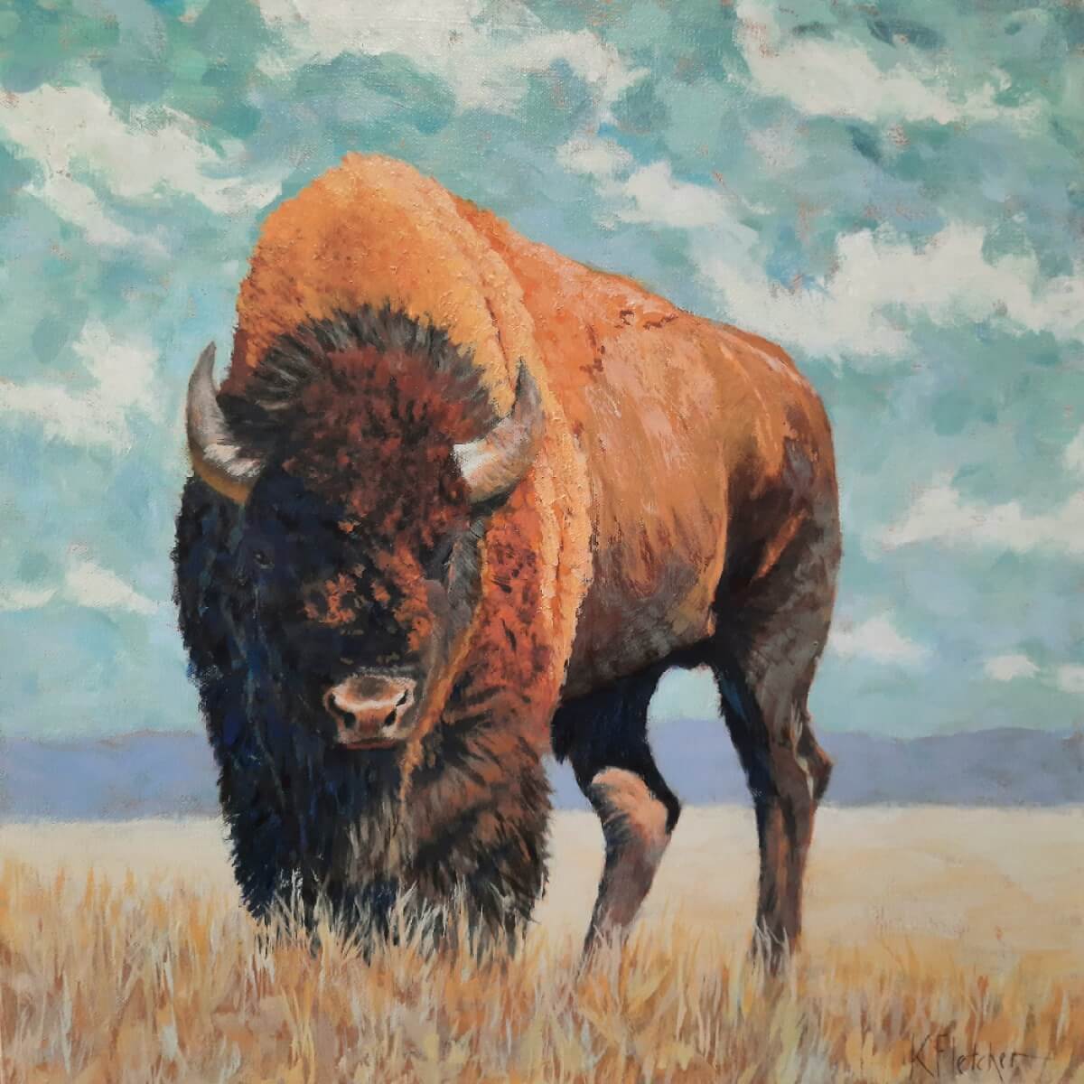 A majestic bison stands tall in a golden field under a vast blue sky in Grand County Colorado.