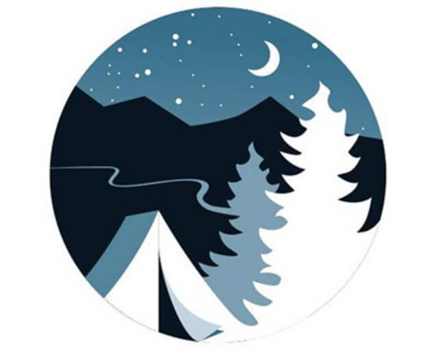A stylized illustration of a tent under a starry night sky with mountains and trees in Grand County Colorado.
