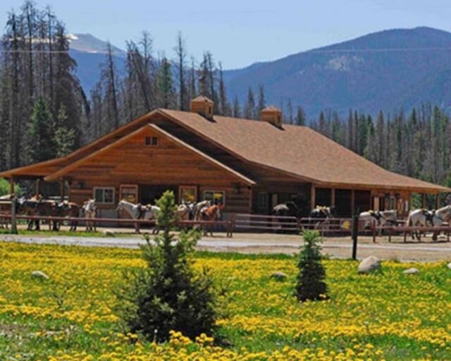 A rustic wooden barn with a red roof stands amidst a field of yellow flowers and green trees in Grand County Colorado.