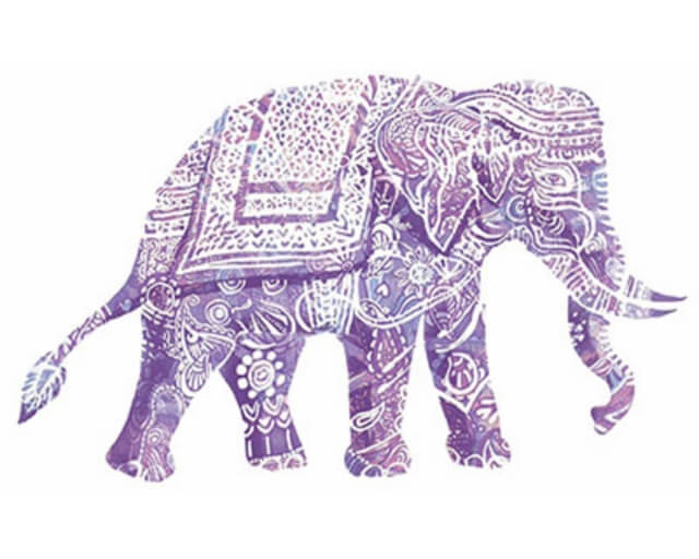 A detailed, purple and white mandala-patterned elephant stands majestically in Grand County Colorado.