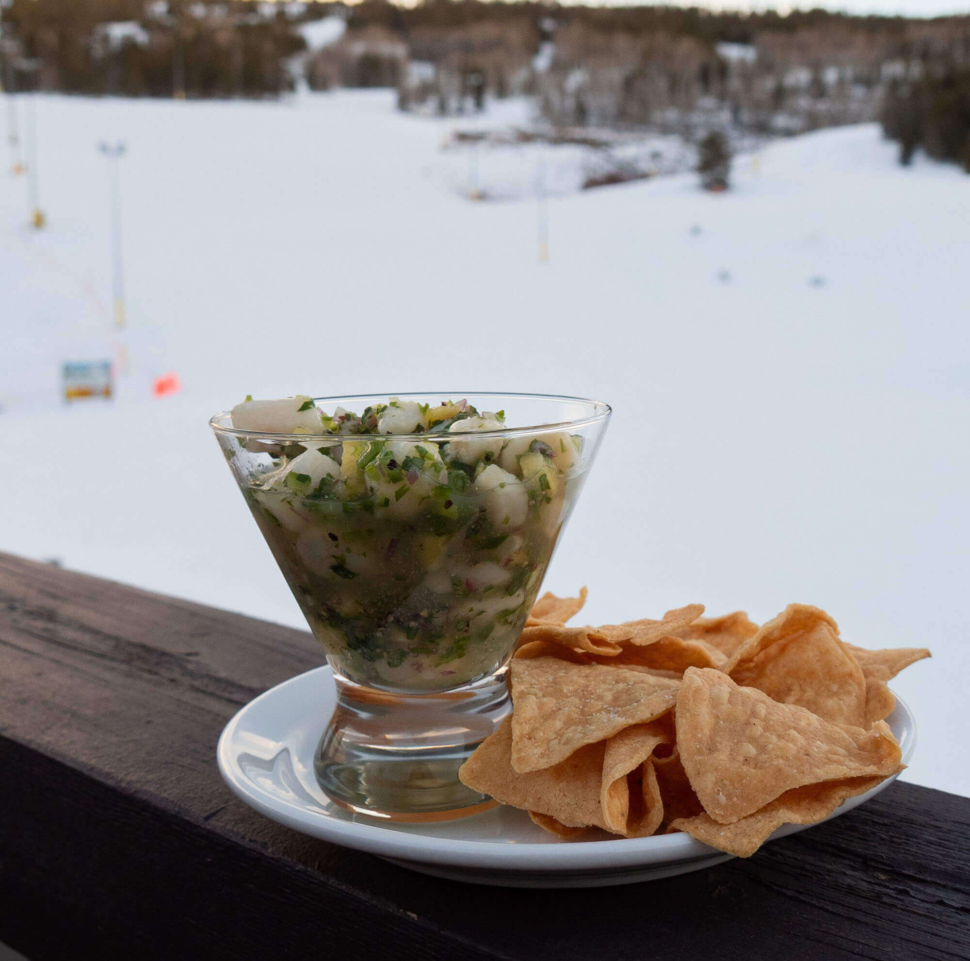 A glass filled with a vibrant green salsa or ceviche sits on a wooden railing, accompanied by a plate of crispy tortilla chips, with a snowy mountain landscape in the background in Grand County Colorado.