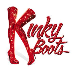 Image of two red glittery thigh-high boots with high heels, arranged in the shape of the letter "K," next to the text "Kinky Boots" in the same glittery red style.