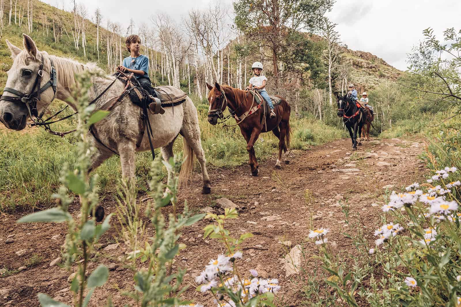 Children ride horses along a dirt trail through a forested area with wildflowers in Grand County Colorado.