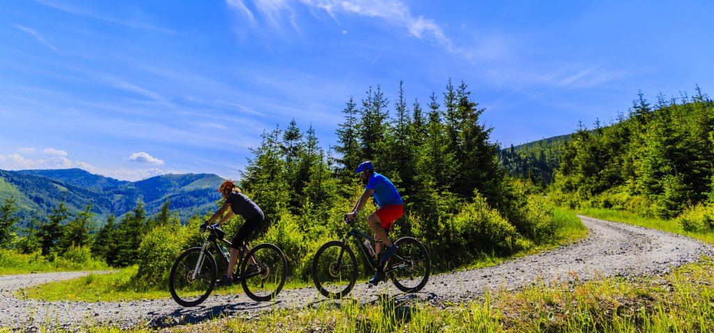 Two cyclists ride mountain bikes on a winding dirt path through a lush green forest with mountains in the distance in Grand County Colorado.