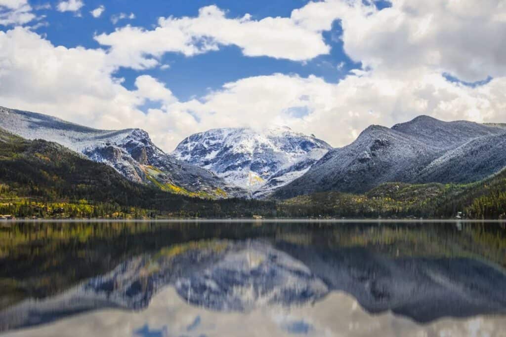 A mountain range is reflected in a lake.