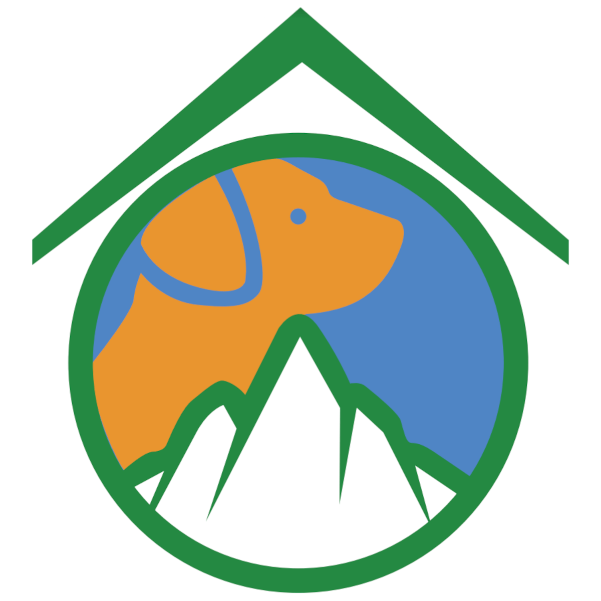 A stylized logo featuring a dog's head above a mountain range within a house-shaped frame in Grand County Colorado.