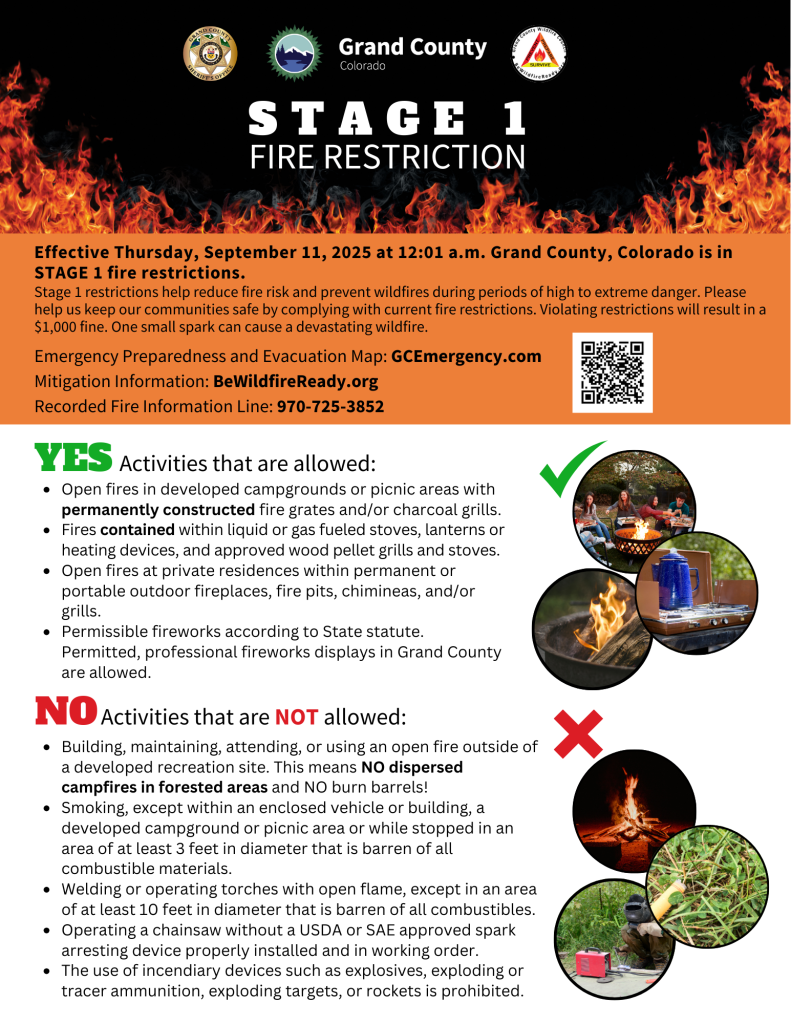 Grand County, Colorado fire restrictions poster with allowed and prohibited activities in Grand County Colorado.
