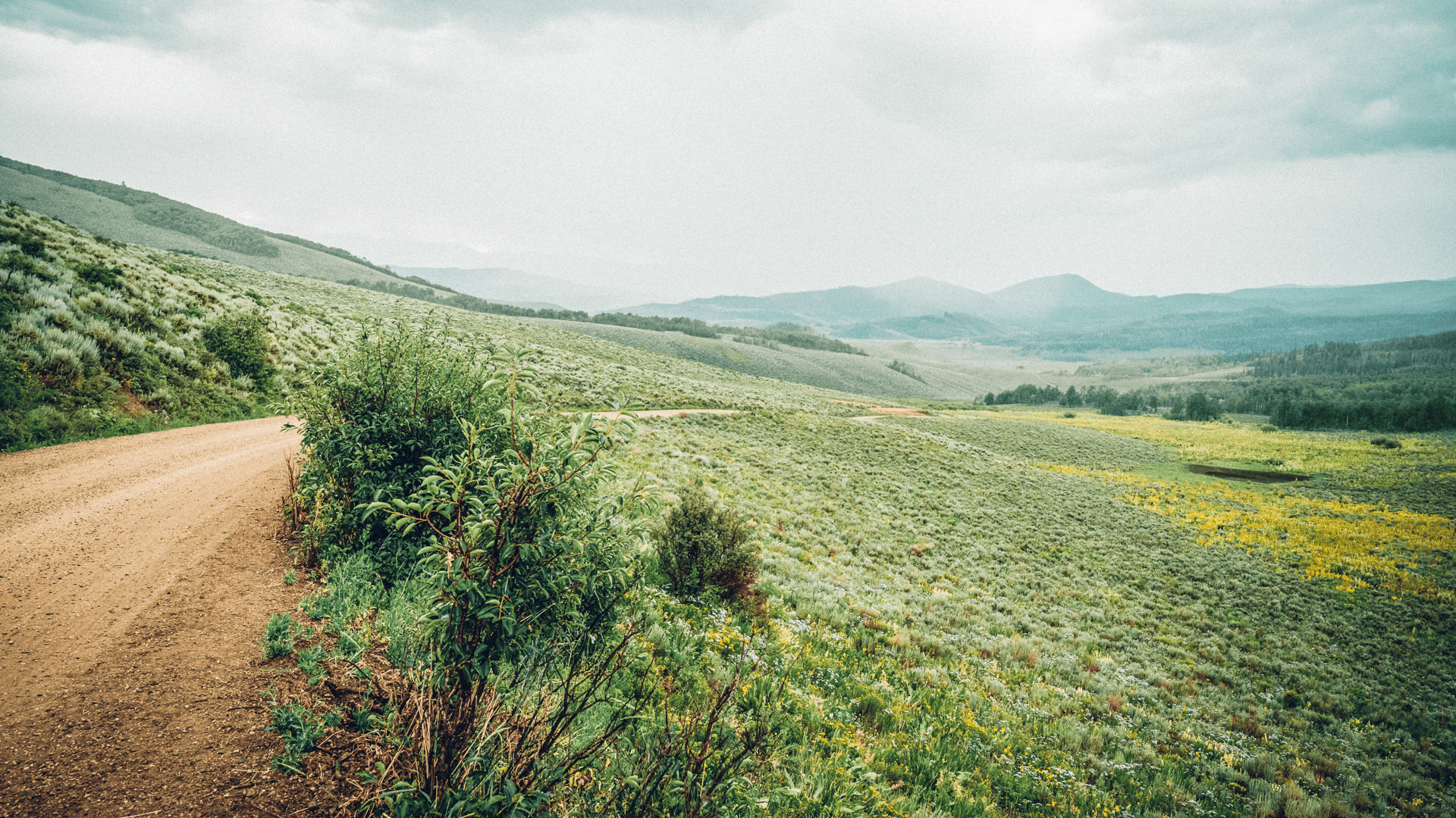 A dirt road in the mountains with mountains in the background.